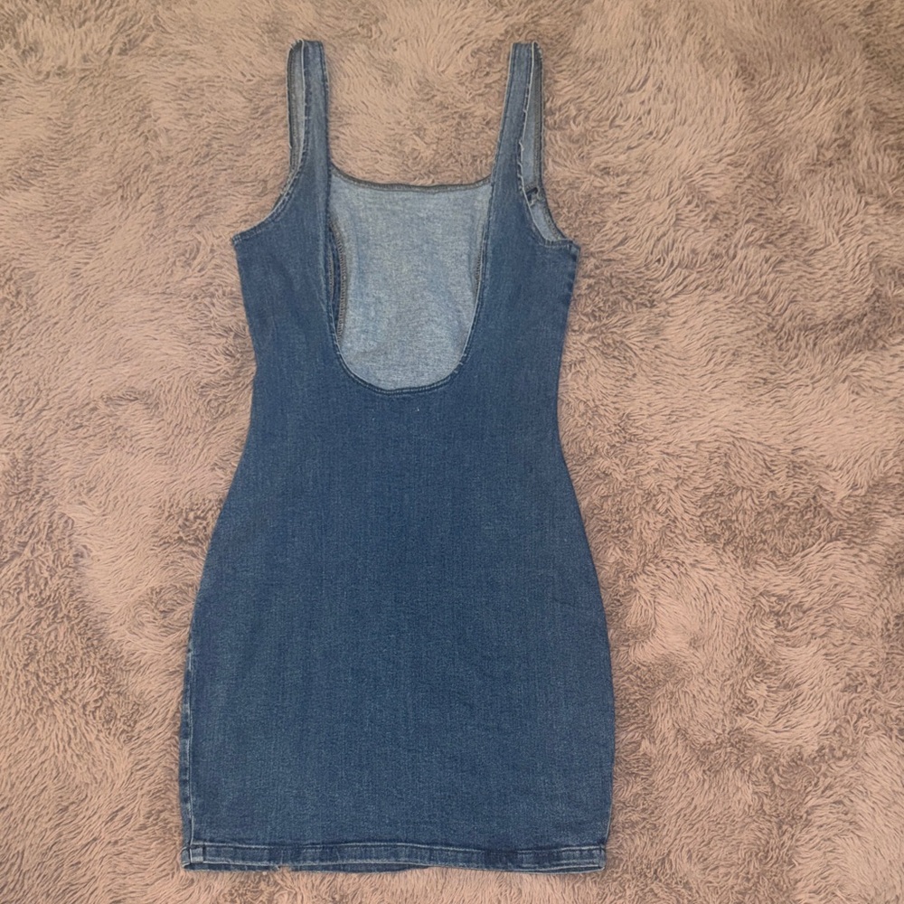 Topshop Blue Denim Mini Dress Sleeveless Casual Fitted Low back Nordstrom size 4 - Picture 3 of 6
